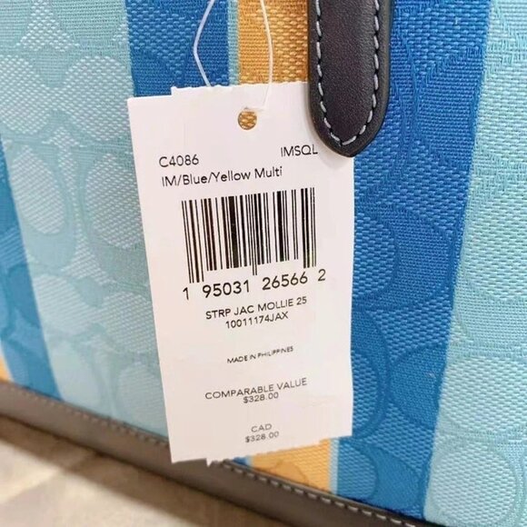 COACH C4086 MOLLIE TOTE 25 IN SIGNATURE JACQUARD WITH STRIPES IM/BLUE/YELLOW MUL - Picture 6 of 6